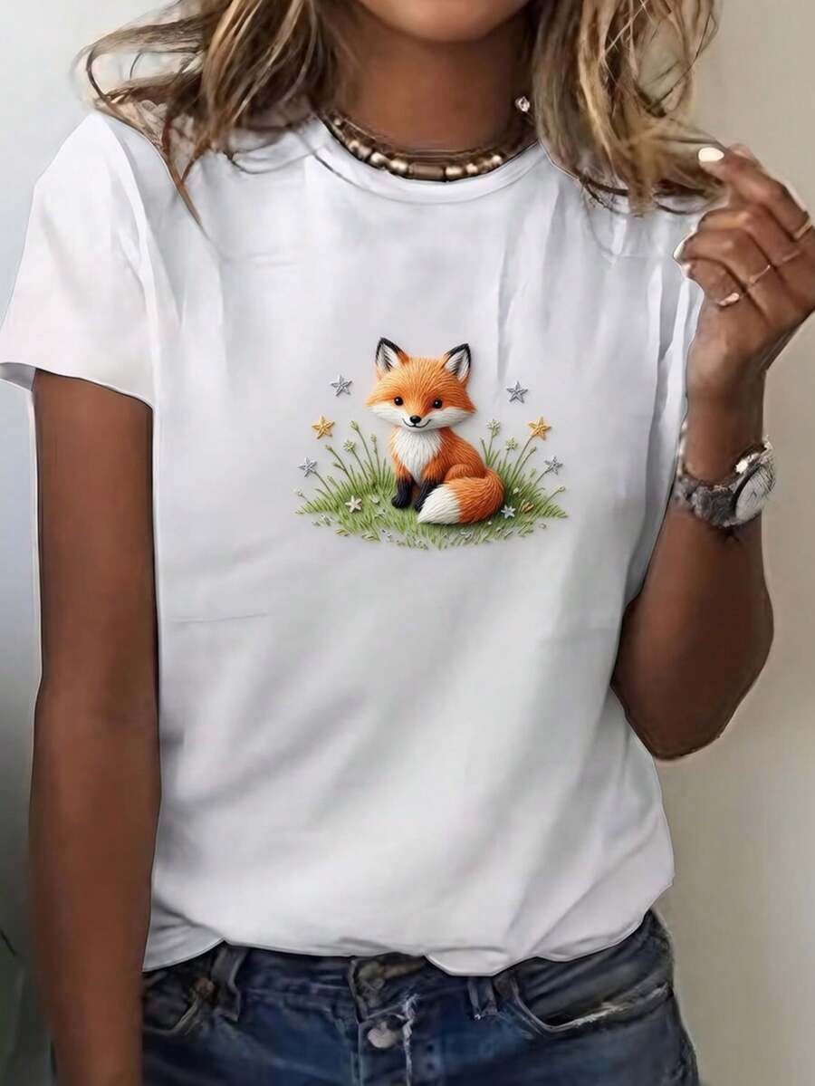 Camiseta de Mujer con Estampado de Zorro - Linda camiseta de manga corta con cuello redondo y diseño de cara de zorro, adecuada para uso diario, una prenda básica casual, lavable a máquina, opaca. - Blanco - Ver 1