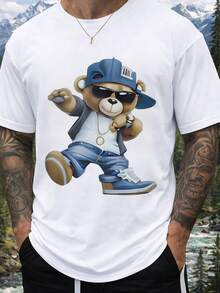 Camiseta para hombre elegante y cómoda, con diseño de oso estilo hip-hop, cuello redondo, mangas cortas, adecuada para todas las estaciones, corte regular. - Blanco - Ver 8