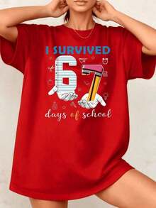 Playera minimalista moderna 1 pieza Camiseta divertida para profesoras con estampado gráfico retro vintage "Sobreviví 67 días de escuela" 100% algodón Cuello redondo Camisetas gráficas para mujer - Rojo - Ver 6