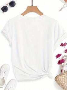 Camiseta de Verano para Mujer, Top de Manga Corta a para Vacaciones, Estampado Tropical Floral con Diseño Solares, Cuello Redondo, Camiseta Deportiva Casual Versátil, Tela Cómoda y Transpirable con Elasticidad Media, Top de para Mujer, Regalo para, Estilo Veraniego - Blanco - Ver 6