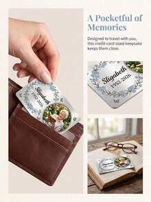 1pc Custom Photo Memorial Aluminum Wallet Insert Card, Personalized Text Memorial Card, Customizable Name & Date Sympathy Keepsake Card, Forget-Me-Not Floral & Butterfly Design With Round Photo Frame, Brushed Aluminum Material - Silver - View 5