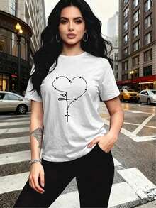 Women's Casual Blouse, Simple Style For Everyday Wear. Design With A Rosary And Heart-Shaped Cross Pattern, Simple And Elegant. Short-Sleeved, Round-Neck Athletic T-Shirt With A Unique Print, Fashionable And Comfortable For Women. - 白色 - 查看 1