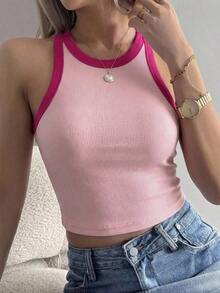 Top corto de tirantes de unicolor casual para mujer - Rosa - Ver 5