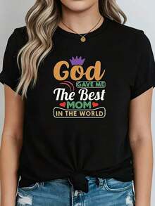 Women's T-Shirt With The Slogan 'God Gave Me The Best Mom In The World', Featuring A Print That Celebrates Having The Best Mother. Perfect For Family Gatherings On Mother's Day. - 黑色 - 查看 5