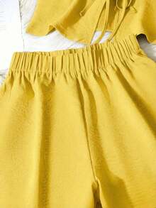 Set de 2 piezas de conjunto informal de mujer de unicolor con nudo, elegante para primavera/verano - Amarillo - Ver 4
