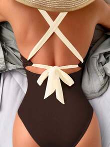1 pieza Traje de baño de una pieza con nudo de corbata de halter y bloques de color para mujer - Marrón - Ver 2