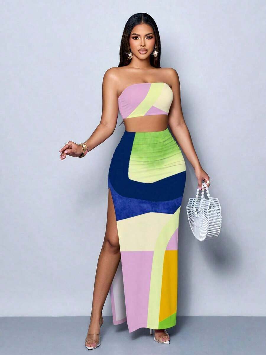 Vestido maxi elegante de fiesta con estampado de rayas abstractas y colores vibrantes, diseño ceñido y sexy, perfecto para salir, fiestas y vacaciones - Multicolor 4 - Ver 1