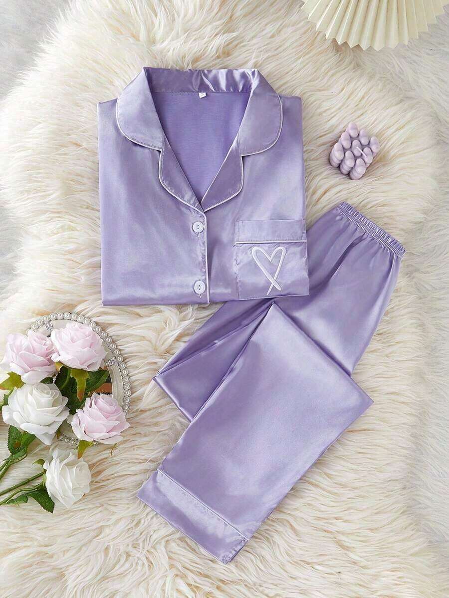 Set de 2 piezas de pijama con top de manga corta y pantalones con bordado de corazón de seda sintética - Púrpura malva - Ver 1