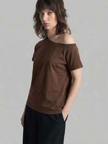 2026SS Nueva Blusa de Mujer de unicolor con Hombros Descubiertos, Uso Casual Diario, Camiseta de Manga Corta Holgada, Blusas de Verano para Mujer, Casual de Negocios, Vacaciones, Playa, Fiesta de Cumpleaños, Atuendo de Maestra, Regreso a Clases - Marrón - Ver 5