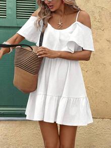 Vestido corto elegante de mujer con cuello en V, volantes, cintura y línea A, con estampado de lunares marrones y hombros descubiertos - Blanco - Ver 6