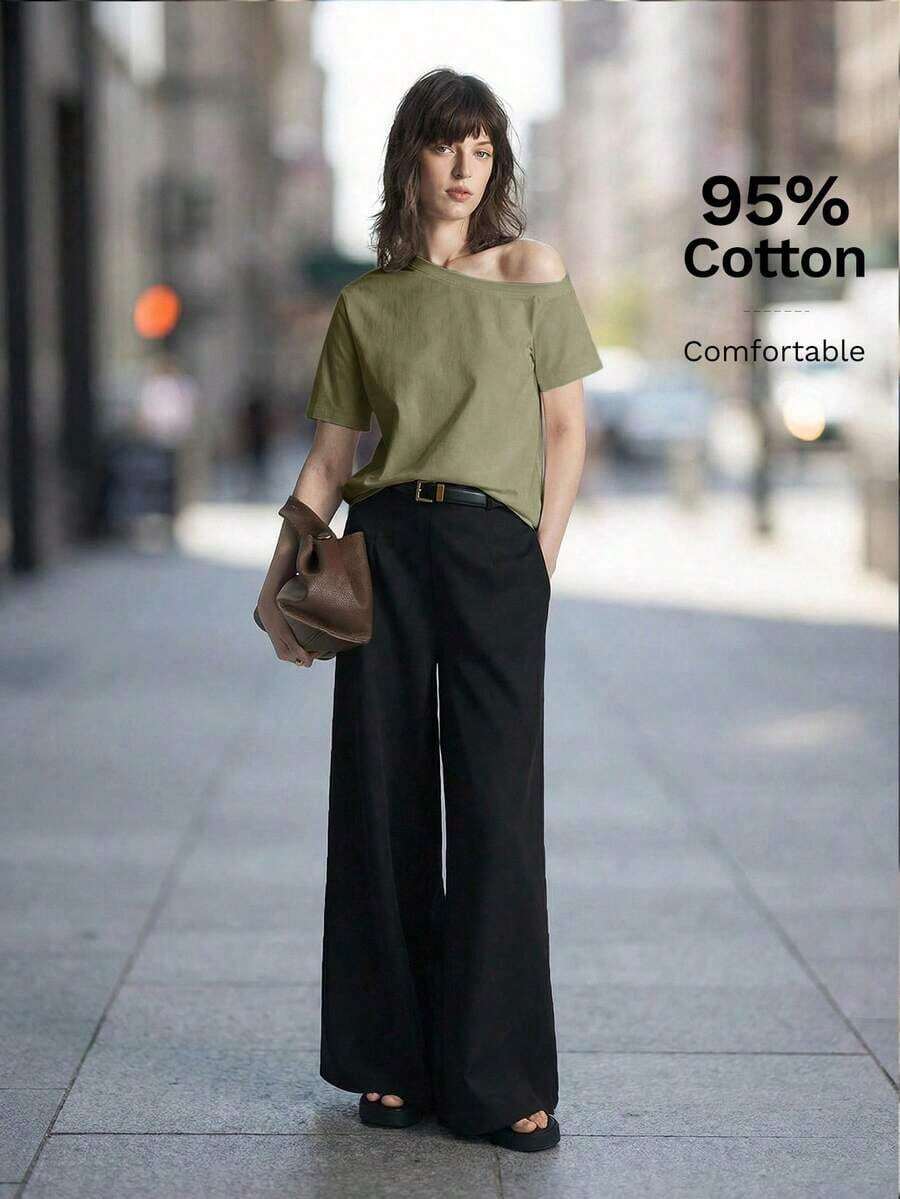 Camiseta de mujer de manga corta y hombro asimétrico, primavera/verano 2026.Camiseta casual urbana elegante con cuello asimétrico, adecuada para oficina, maestros, invitados de boda, vacaciones, casual de negocios, versátil - Verde militar - Ver 1