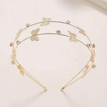 1pc Fashionable Metal Headband With Rhinestone Embellished Double-Layer Butterfly Flower Hair Hoop, Sparkling Elegant Hair Accessory For Women Hairband - Gold - View 4