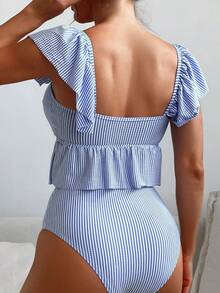 Conjunto de tankini a rayas con volantes para mujer, ideal para la playa - Azul y blanco - Ver 2