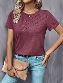Camiseta casual de mujer con cuello redondo y detalle de botones - Burdeos - Ver 7