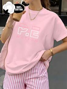 Women's 100% Cotton T-Shirt - PE Letter Print, Casual Short Sleeve Crew Neck, A Summer Essential For Everyday Wear, Easy And Comfortable Top, Machine Washable Basic Women's T-Shirt - 羅莎 - 查看 1