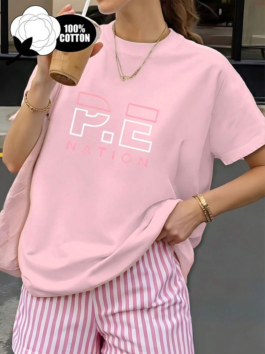 Women's 100% Cotton T-Shirt - PE Letter Print, Casual Short Sleeve Crew Neck, A Summer Essential For Everyday Wear, Easy And Comfortable Top, Machine Washable Basic Women's T-Shirt - 羅莎 - 查看 1