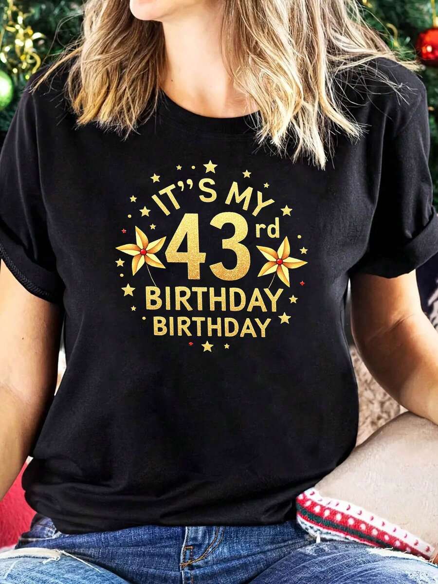 Camiseta de cumpleaños número 43 para mujer - Estilo vintage Este mi 43º cumpleaños con número, camiseta de manga corta y cuello redondo, estilo casual de primavera/verano, adecuada para fiestas, regalo - Camiseta unisex de algodón suelto de manga corta y cuello redondo estilo vintage. - Negro - Ver 1