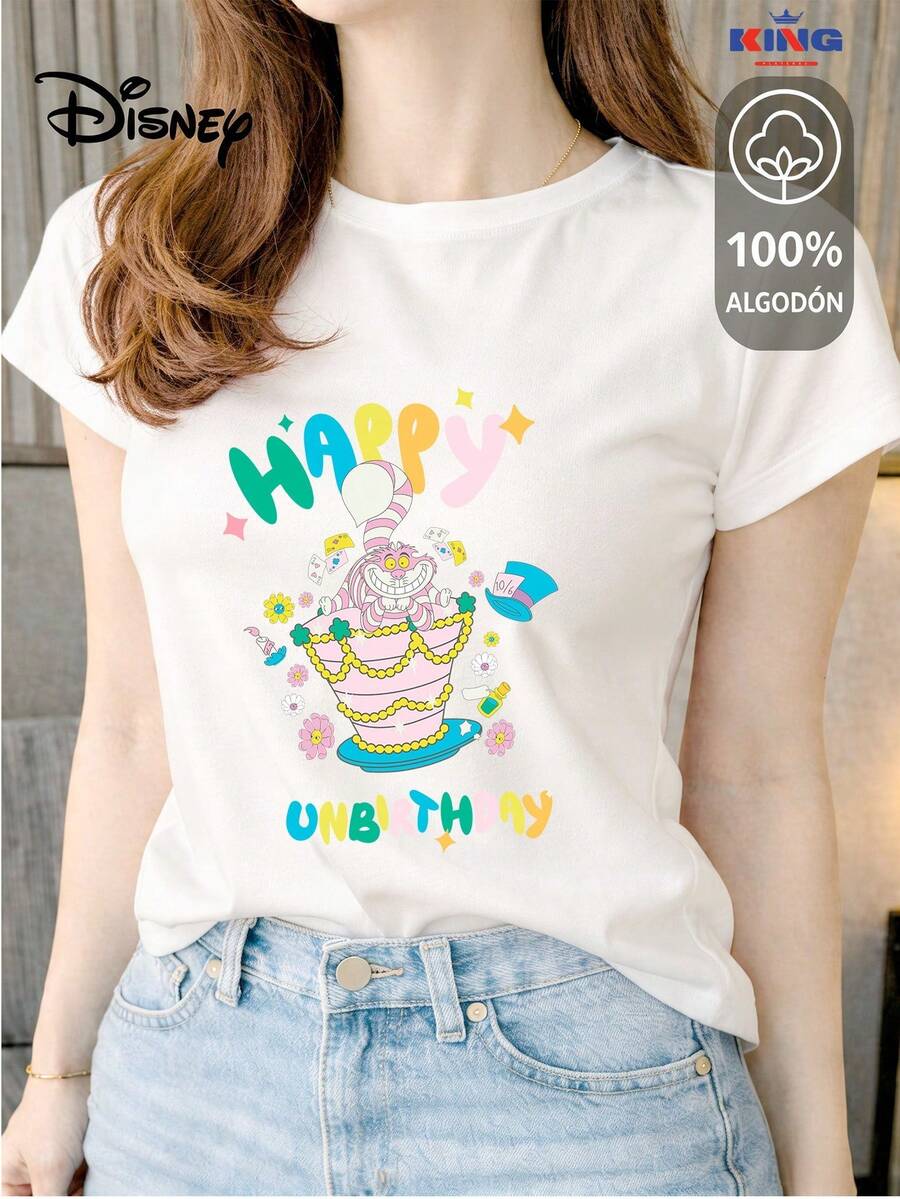 Women's T-Shirt Made Of 100% High-Quality Cotton, This T-Shirt Guarantees Exceptional Softness To The Touch, Round Neck With "Disney Cheshire Cat Happy Unbirthday" Print And Short Sleeves - 白色 - 查看 1