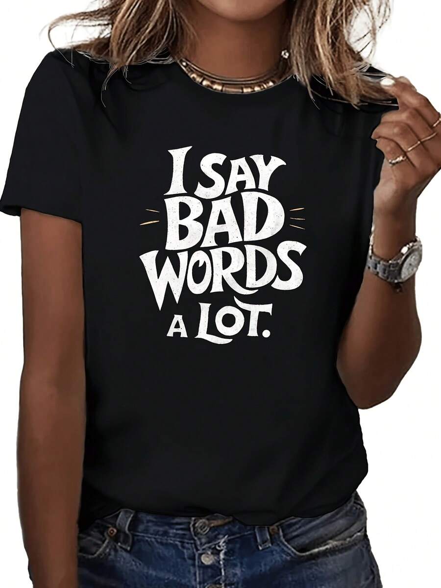 Camiseta casual para mujer con un llamativo estampado "I often swear", camiseta negra de manga corta y cuello redondo de ajuste cómodo para uso diario, camiseta con estampado llamativo, camiseta casual estampada de moda y ajuste cómodo. Top cómodo y versátil de manga corta. - Negro - Ver 1