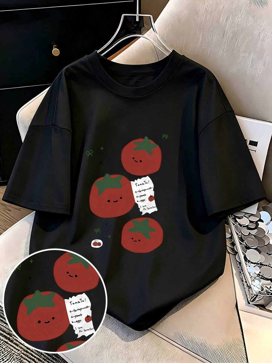 Women's Oversized Personalized T-Shirt, New Spring/Summer 2026 Collection, Soft And Cute With A Smiling Tomato Print, Short Sleeves And A Loose Fit, Cool And Eye-Catching For Urban Use, Sweet And Modern Style Unisex Top - Unisex Cotton T-Shirt With Short Sleeves And A Round Neck, Urban Vintage Style And A Loose Fit. - 黑色 - 查看 1