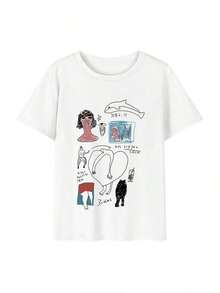 Custom Y2K T-Shirt With Sweet And Cool Graffiti Pattern, White, Loose Fit, Crew Neck And Short Sleeve, Versatile Summer Casual Top - Unisex Cotton Loose Fit Vintage Urban Style Crew Neck Short Sleeve T-Shirt - 白色 - 查看 5