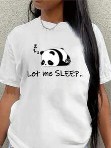 Camiseta de poliéster de manga corta, estampada con un lindo diseño de panda durmiendo y la frase "Déjame dormir", es ligera y duradera, adecuada para entornos casuales como el hogar, la oficina o el restaurante, y cómoda para el uso diario. blusas para mujer>ropa - Blanco - Ver 7