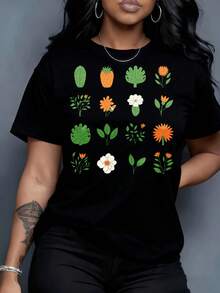 Camiseta de manga corta para mujer Arte Mexicano y camiseta blanca con estampado floral de plantas para ocio al aire libre y hogar, diseño inspirado en la naturaleza, ropa de calle unisex, moda, regalo para fiestas y vacaciones, camiseta de algodón para familia coordinada. - Negro - Ver 5