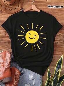 Retro Vintage T-Shirt With Smiling Sun Print, Short Sleeve, Round Neck, Casual Top For Summer And Spring, Women's Clothing, Cotton T-Shirt - 黑色 - 查看 3