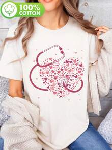 Y-Shaped Directional Stethoscope Surrounded By Large And Small Hearts, Printed T-Shirt With Medical Hospital And Nursing Motifs, Casual Short-Sleeved Round-Neck Top, Women's Clothing For Spring And Summer. Elegant Party Outfit, T-Shirt For Elegant Ladies, Blouses Suitable For Curvy Women, Prom Skirts, Casual Wear. Adorable Animal Print, Fun Letter Print. - 白色 - 查看 7