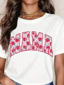 Strawberry Mama T-Shirt For Mother's Day, Valentine's Day, Cute Blouse For Women, Casual Summer Clothing - Urban Vintage Style, Unisex, Loose Fit, Cotton, Short Sleeve, Round Neck, Blouses For Women. Blouses.Casual Blouses For Ladies. - 白色 - 查看 7
