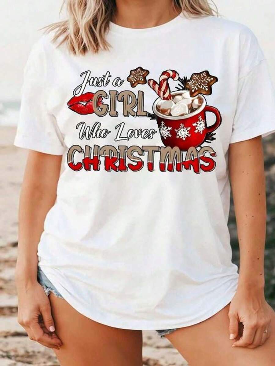 Women's Short Sleeve T-Shirt With Round Neck And Print - Just A Girl Who Loves Christmas - Sizes S-3XL - Fashionable, Comfortable, Breathable, And Machine Washable - 白色 - 查看 1