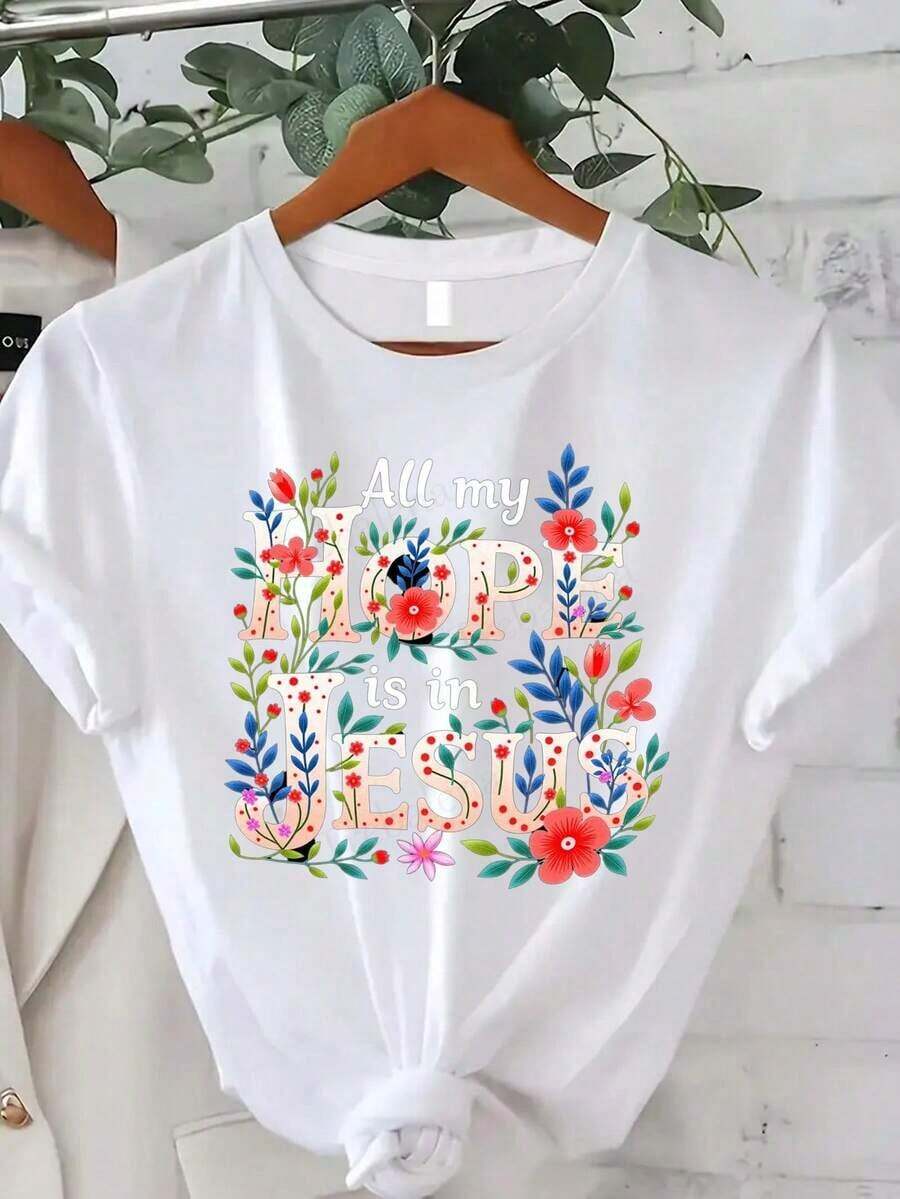Talla Grande, Camiseta Holgada para Mujer Trebalena con Estampado Floral de Fe "Mi Esperanza Está en Jesús" - Top de Manga Corta 100% Cómodo con Diseño Cristiano, Estampado Colorido, Diseño Casual de Cuello Redondo, Adecuada para la Iglesia, Uso Diario y Moda de Verano, Ropa Fresca de Verano para Mujer. - Blanco 1 - Ver 1
