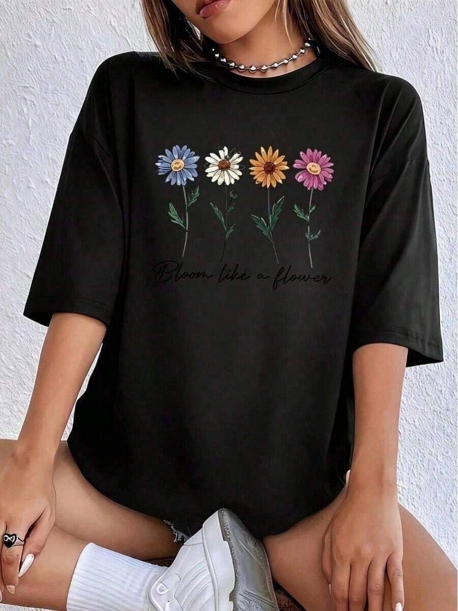 Cool Casual T-Shirt With Floral Print And Inspirational Quote, Fun Women's T-Shirt, Oversized, Graphic, Short Sleeve, Novelty T-Shirt, Casual Round Neck Top, Fashion. - 黑色 - 查看 1