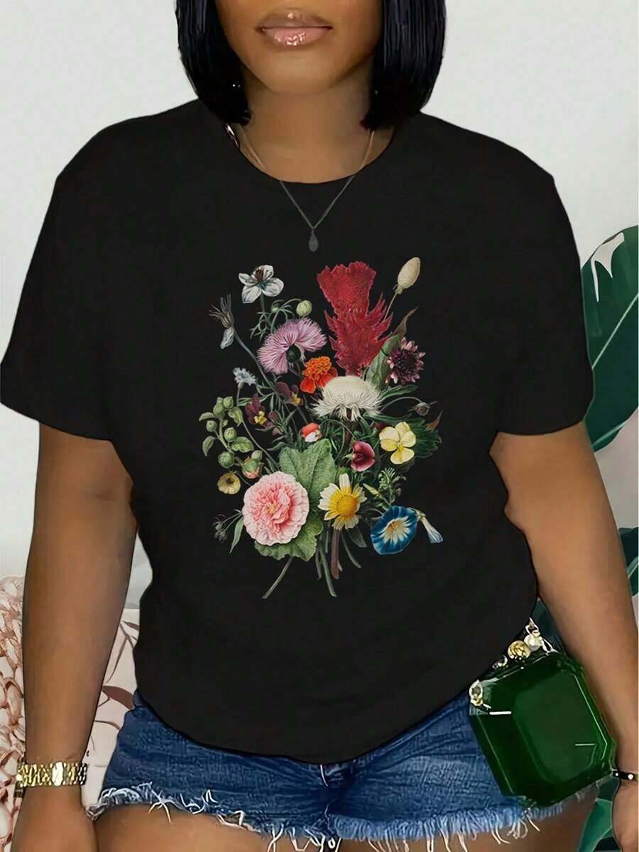 New Fashionable Women's Crew Neck T-Shirt, Minimalist T-Shirts, Gifts For Women, Floral Print Crew Neck Sweatshirt, Aesthetic T-Shirts, Floral T-Shirts For Women, Wildflower Graphic T-Shirts, Versatile Design Ready For Summer. - 黑色 - 查看 1