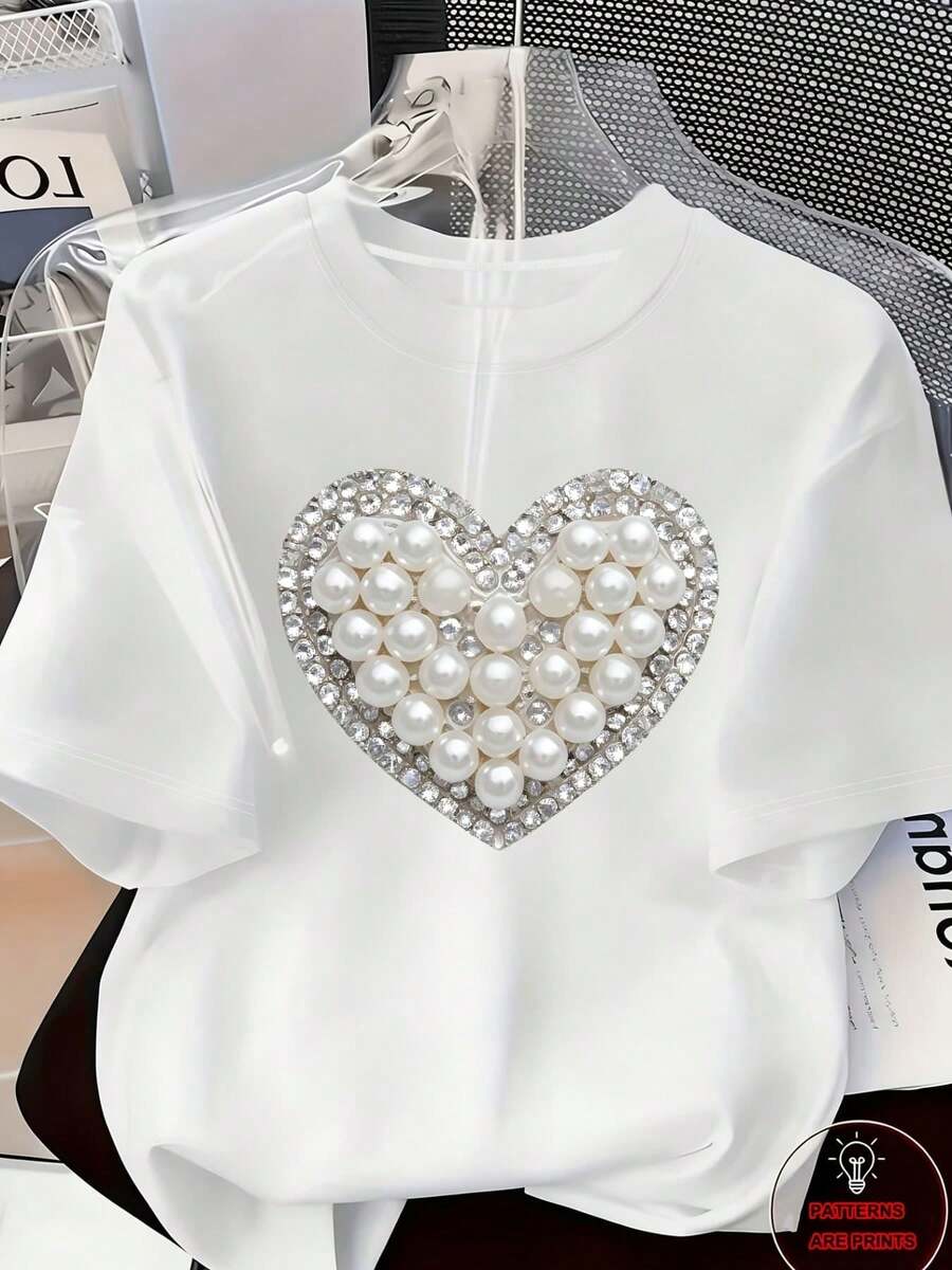 Women's T-Shirt With Pearl Love Pattern, White Short-Sleeved T-Shirt, Soft And Gluten-Free Round Neck T-Shirt, Micro-Elastic, Casual Design, Cool And Breathable, Dazzling Personality, Fashionable Cool Style Blouse Suitable For Casual Daily Wear, Comfortable And Lazy - 白色 - 查看 1