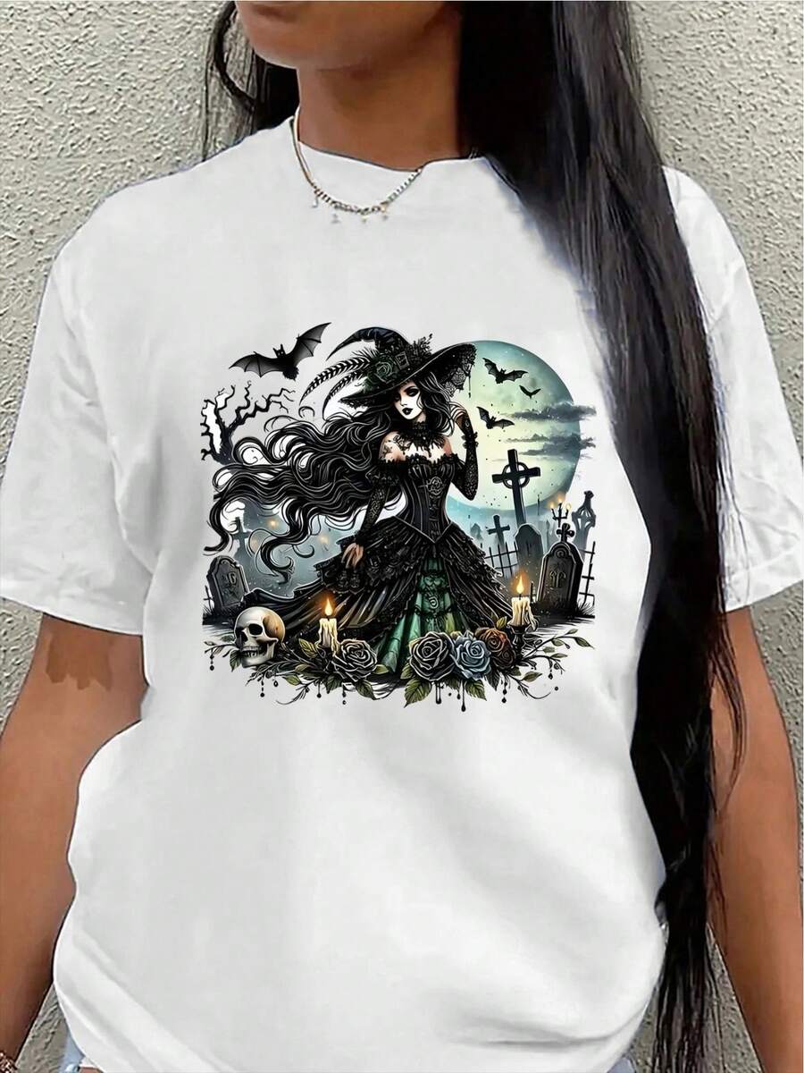 Camiseta ligera y duradera con diseño de bruja de Halloween, perfecta para fiestas, eventos de disfraces y salidas informales. Presenta un diseño de impresión de arte gótico, ofrece un ajuste cómodo y es ideal para el uso diario de las mujeres.blusa casual mujer - Blanco - Ver 1