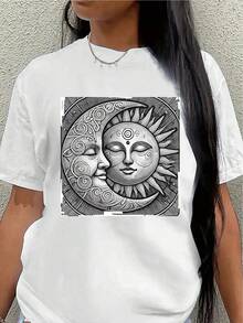 Women's Short-Sleeved Polyester T-Shirt With A Sun And Moon Design, Lightweight And Durable, Suitable For Home, Restaurants, Or Casual Outdoor Wear, Featuring Prints On Soft Fabric. - 白色 - 查看 7