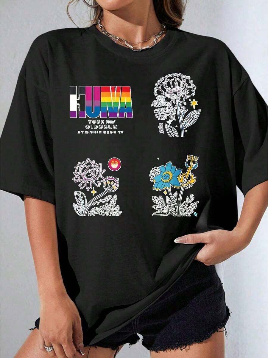 Women's T-Shirt Gift Set, Casual Short Sleeve Party T-Shirt, Oversized White T-Shirt With Floral And Anchor Print With Rainbow Moon Logo, Urban Casual Clothing For Women, Soft Summer Outfit - 黑色 - 查看 1