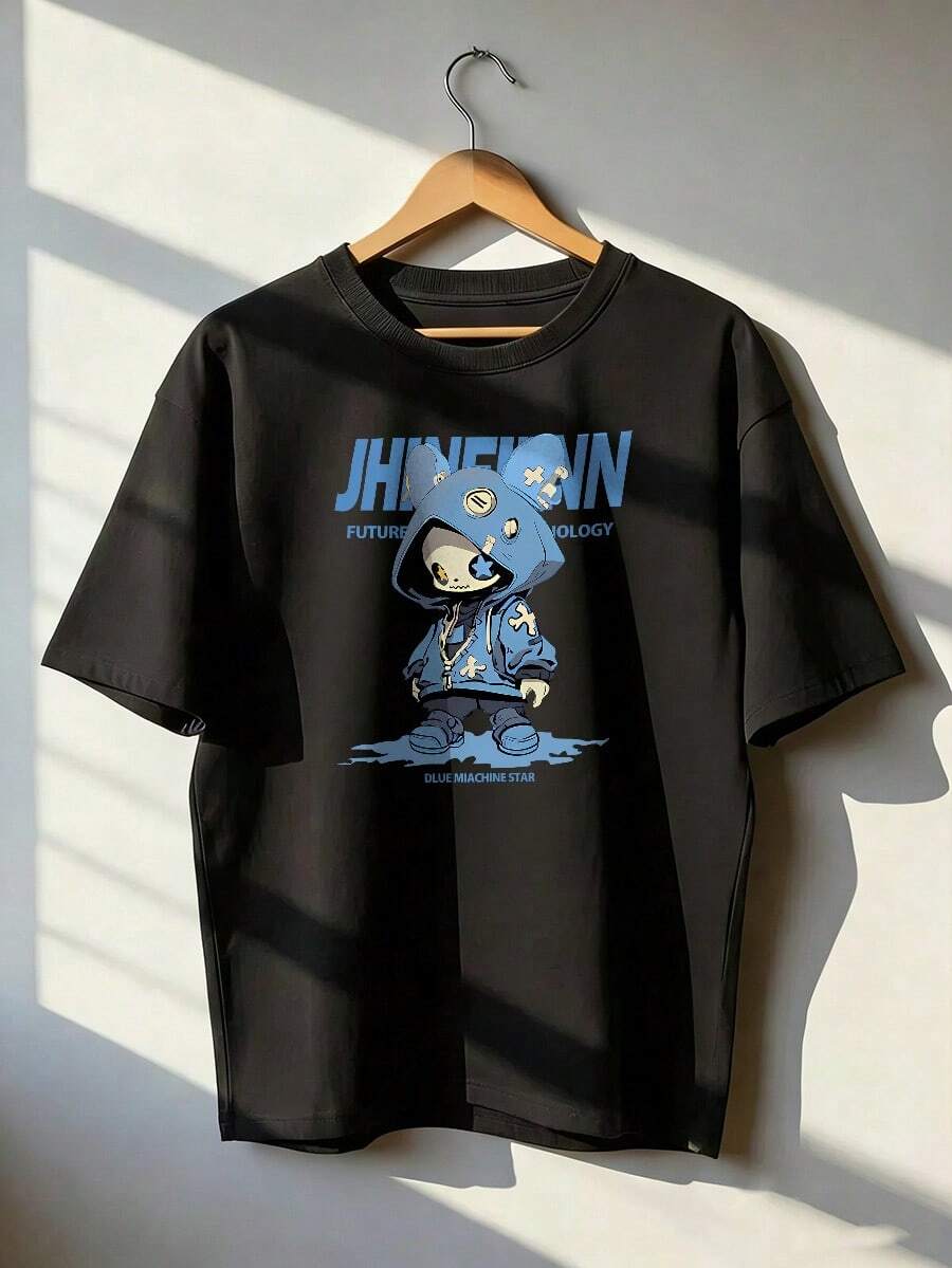 Blue Streetwear Character T-Shirt With "JHINEINN" Text, Fashionable Short-Sleeve T-Shirt For Spring/Summer 2026, Made In Mexico, 180 Grams. Cartoon Print, Couple Design, Suitable For Indoor Or Outdoor Wear. Crew Neck, Unisex, Ideal For Office And Leisure. One-Pack. - BK-P631577SLNDXZGY635 - 查看 1