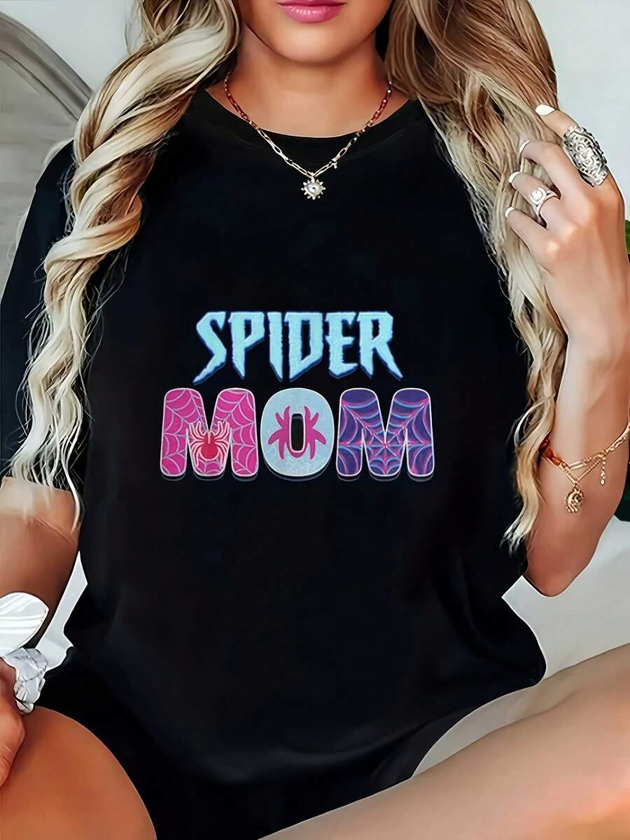 Camiseta Deportiva Casual para Mujer SPIDER MOM - Camiseta Negra con Texto Colorido, Elástica y de Cuello Redondo, Lavable aáquina, Ajuste Cómodo para Todas las Estaciones, para Mamás Amantes de las Arañas. - Negro - Ver 1