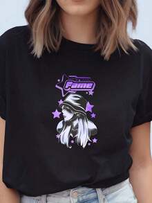 Limited Time Offer, Limited Quantity Available, Lightning, Women's Shirts, Women's T-Shirts. Girls' Y2K Print Short Sleeve T-Shirt, Feminine Style, 1 Piece, Gildan Plain Color T-Shirt, Comfortable Round Neck, Soft Casual Top. - 黑色 - 查看 9