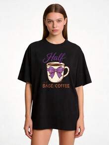 Camiseta básica de moda casual para mujer, de primera calidad, con cuello redondo, tallas S-2XL, 100% blanco puro, con estampado de patrón de café de media taza, adecuada para conjuntos familiares y de pareja, perfecta para usar en primavera y verano, un regalo ideal para madres, familiares y amigos cercanos en el Día de la Madre, ecológica. - Negro - Ver 8