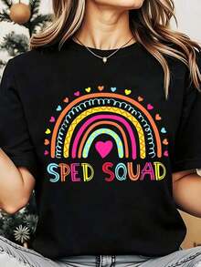 Camiseta de Cuello Redondo para Mujer Talla Grande con Estampado de Corazón Arcoíris, Ropa Casual para Maestras de Escuela y Personal de Educación Especial, 220g, Playera Holgada para Mujer - Negro - Ver 7