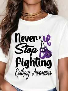 Camiseta Blanca con Estampado de Guantes de Boxeo Morados y Cinta para la Concientización sobre la Epilepsia, para el Mes de Concientización sobre la Epilepsia, 100% Algodón Puro, Camiseta para Mujer - Blanco - Ver 6