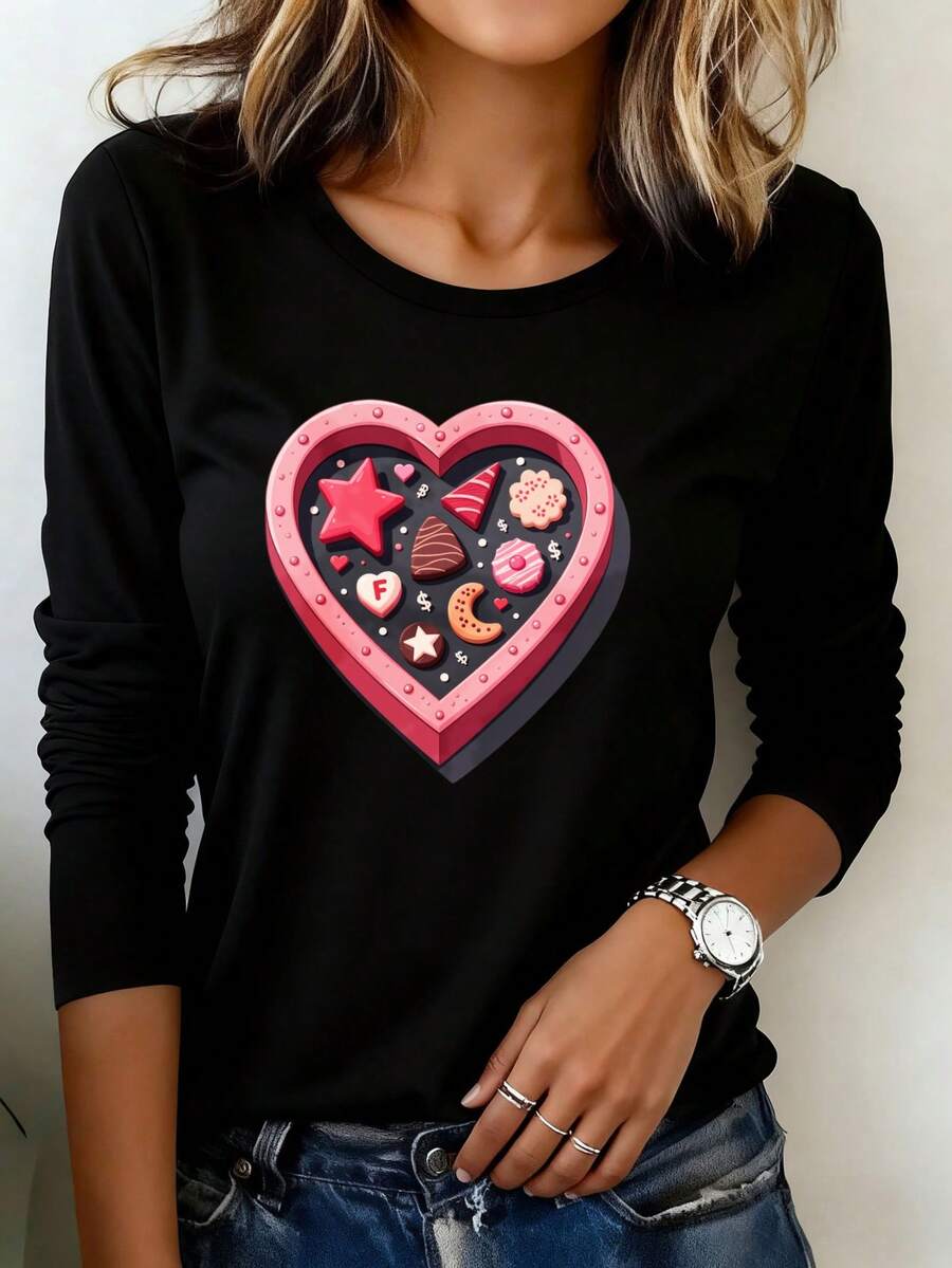Camiseta Estampada para Mujer - Camiseta Casual de Manga Corta y Cuello Redondo en Negro con Diseño de Corazón y Gráficos, Corte Relajado para Todas las Estaciones, Perfecta para Uso Diario y Atuendos de Vacaciones (Lavable aáquina). - Negro - Ver 1