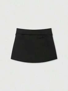 Falda pantalón de verano con cinturón de cremallera de unicolor para mujer - Negro - Ver 2