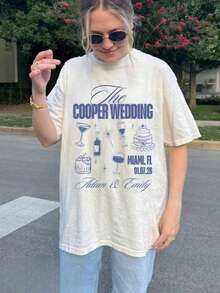 Ultra-Soft And Breathable Pure Cotton Women's T-Shirt, Loose Fit, Short Sleeves, Round Neck, Beige Color, With Custom Graphic Print For Weddings, Comfortable For Everyday Wear, Ideal For Bridal Parties And As Streetwear For Women. - 白色 - 查看 6
