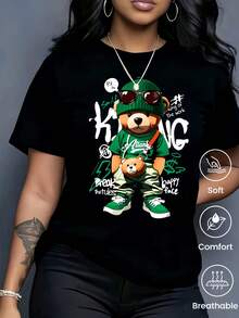 180 g Hecho en México, Moda Primavera/Verano 2026 Camiseta de manga corta, Estampado de dibujos animados, Estilo para parejas, Ropa interior/exterior, Cuello redondo informal para la oficina, Top unisex de una pieza - Negro - Ver 2