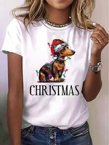 Casual Crew Neck T-Shirt, Plus Size Women's T-Shirt, Printed T-Shirt For Women, Printed With A Christmas Dachshund Wearing A Santa Hat And Lights - Fun Print, Machine Washable, Casual And Versatile, Loose And Comfortable, A Perfect Gift For A Good Friend. - 白色 - 查看 8