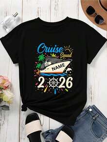 Women's Oversized Short-Sleeved T-Shirt, Round Neck, With Custom Print Of Cruise Ship, Palm Tree And Sun, Name 2026, For Summer, Vacation, Travel, Parties. 100% Cotton. - 黑色 - 查看 2